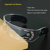 Futuristic clear LED glasses with transparent visor, black arms, and sci-fi design accents