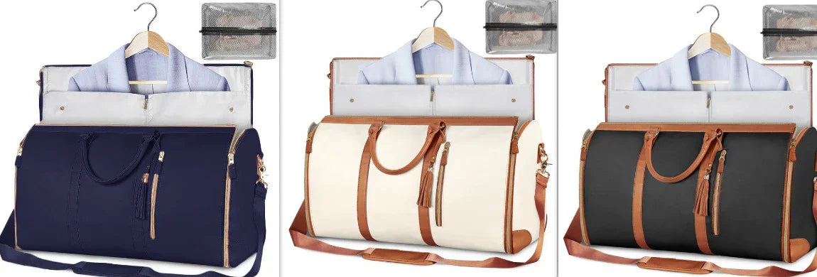 Three travel garment bags in navy, cream, and black with brown leather trim, displayed with dress shirts.
