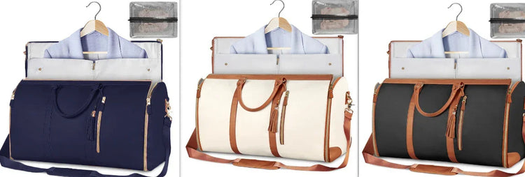 Three travel garment bags in navy, cream, and black with brown leather trim, displayed with dress shirts.