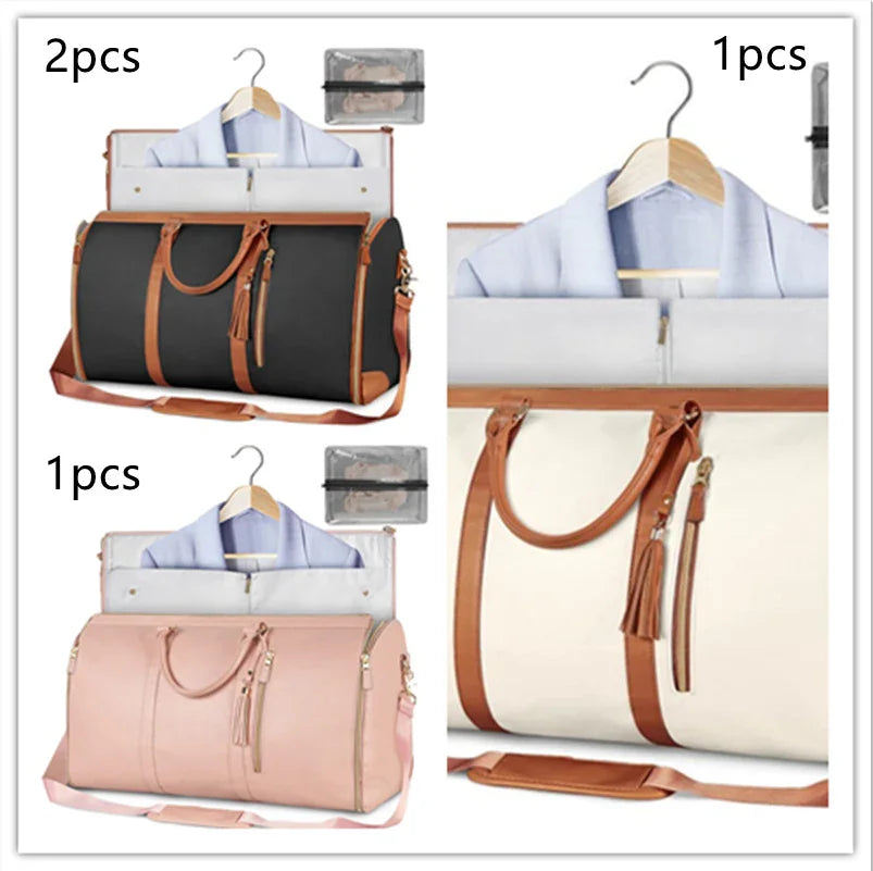Travel duffel bags in black, white, and pink with tan straps and garment storage feature.