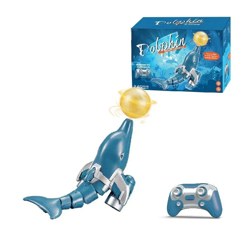 Blue remote-controlled robotic dolphin toy with yellow ball and matching controller