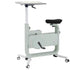 Modern white adjustable desk bike with padded seat and rolling wheels for home office