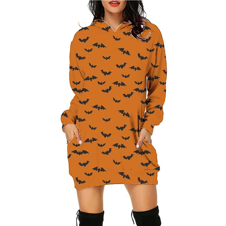 Orange hoodie dress with black bat print, relaxed fit, long sleeves, casual streetwear