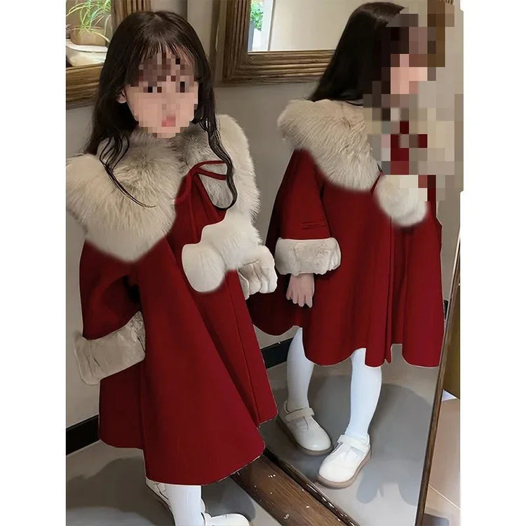 Girl in red wool coat with white faux fur collar and cuffs, flared fit, winter style