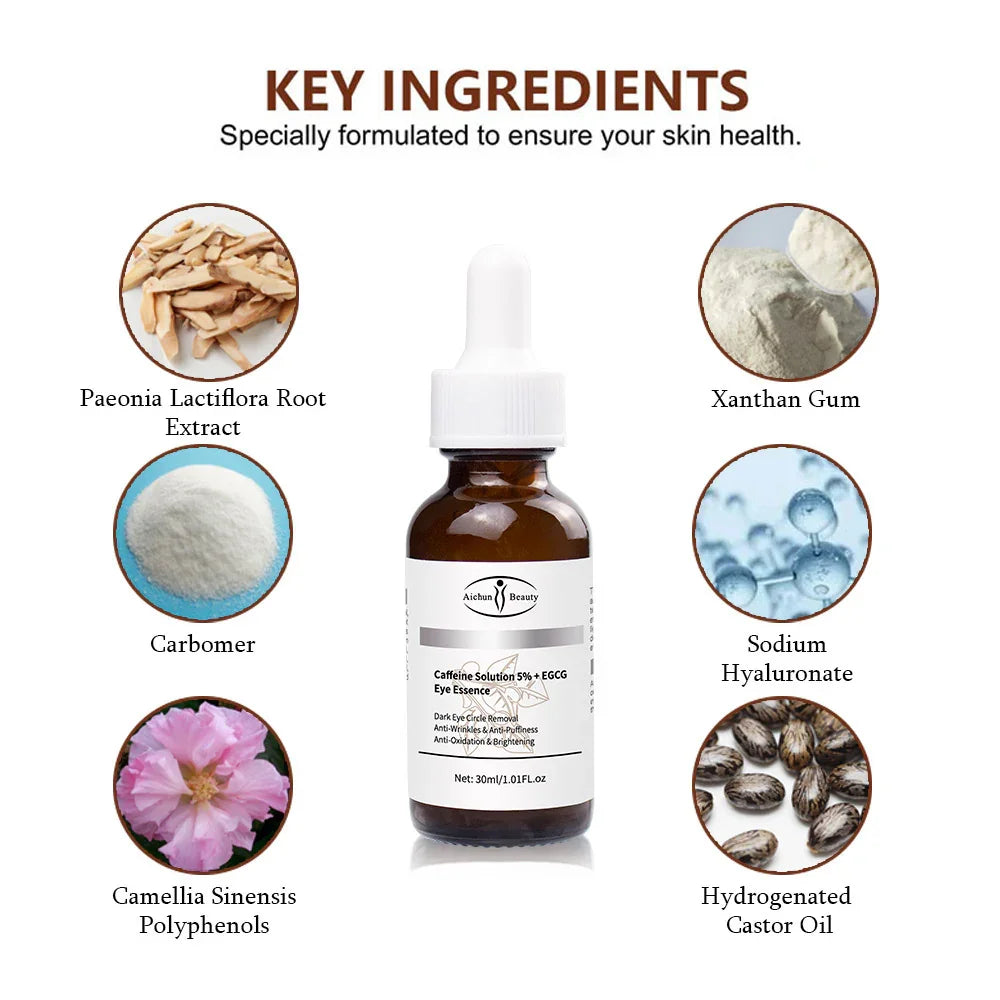 Brown glass bottle with dropper for skincare serum, surrounded by labeled images of key ingredients including Paeonia lactiflora root extract, camellia sinensis polyphenols, carbomer, xanthan gum, sodium hyaluronate, and hydrogenated castor oil.