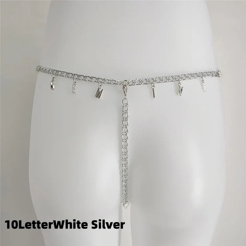 Silver chain waist belt with letter charms, minimalist streetwear body jewelry accessory