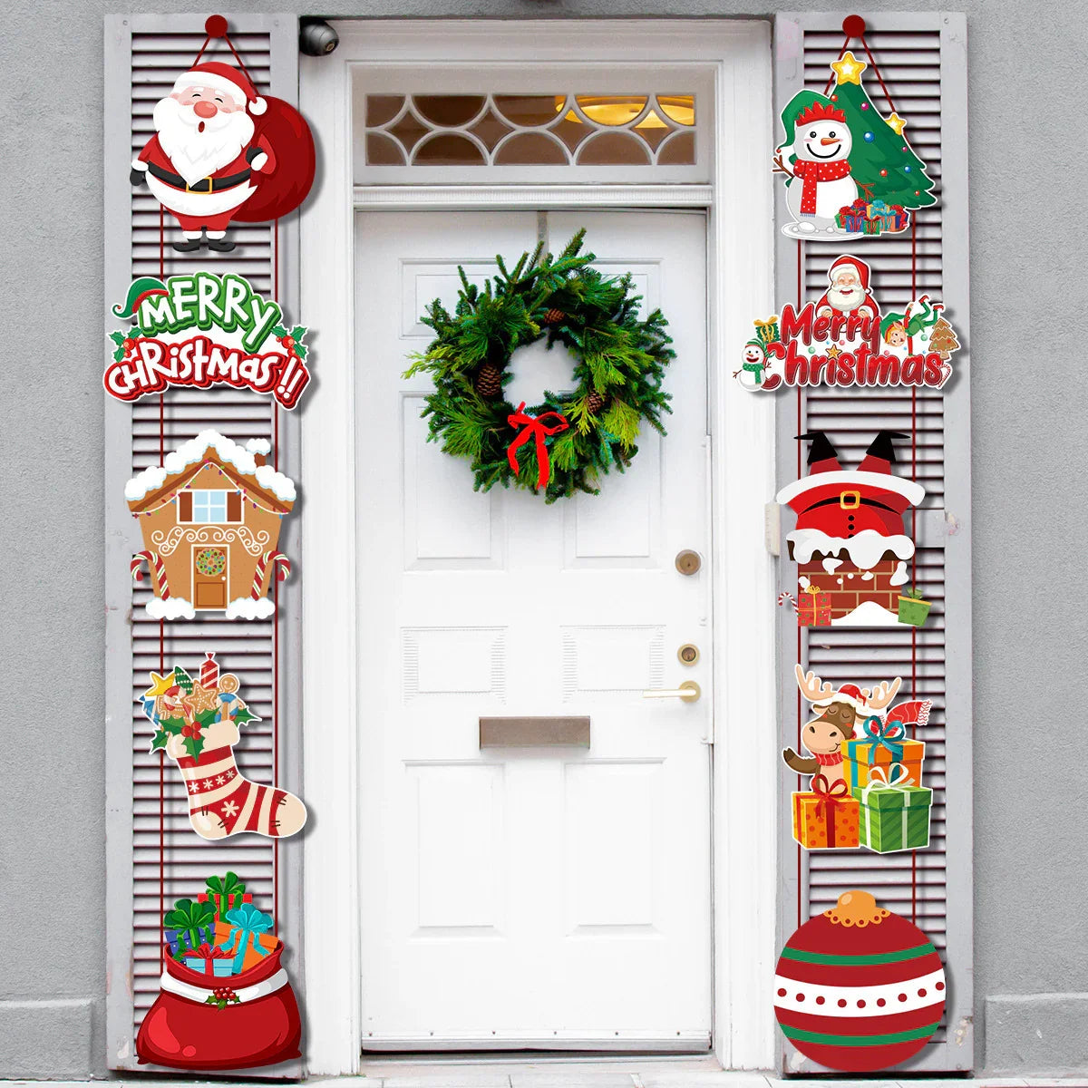 White front door with festive Christmas decorations, including Santa, snowman, and gift-themed door hangings.