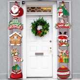 White front door with festive Christmas decorations, including Santa, snowman, and gift-themed door hangings.