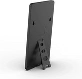 Black rectangular frame with fold-out stand, sturdy minimalist design, matte finish