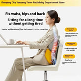 Woman in beige suit using ergonomic lumbar support cushion on office chair, promoting posture correction.