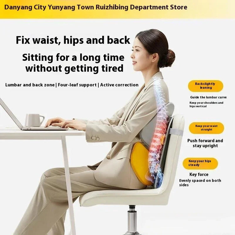 Woman in beige suit using ergonomic lumbar support cushion on office chair, promoting posture correction.