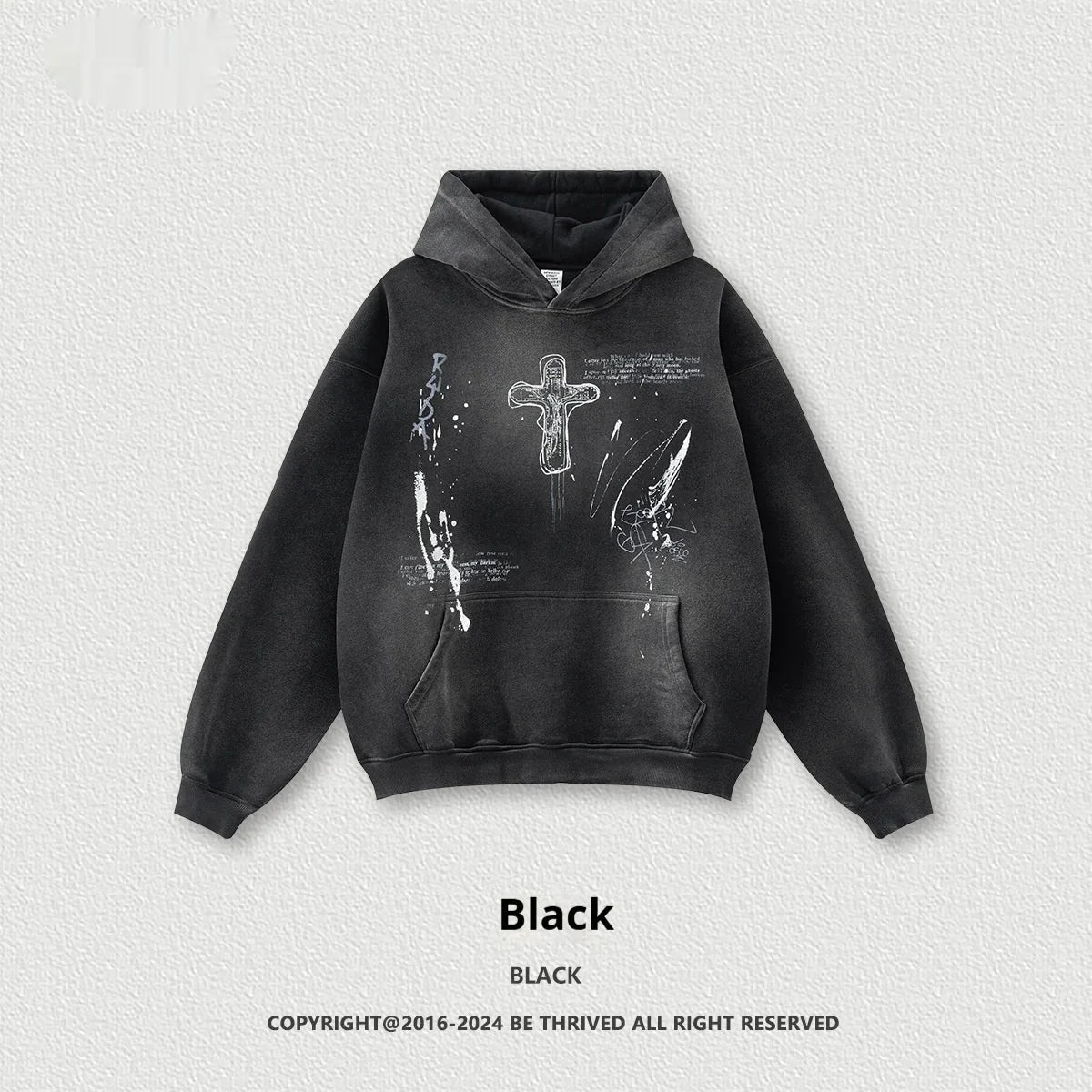 Black oversized hoodie with graphic cross and paint splatter, streetwear cotton blend