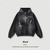Black oversized hoodie with graphic cross and paint splatter, streetwear cotton blend