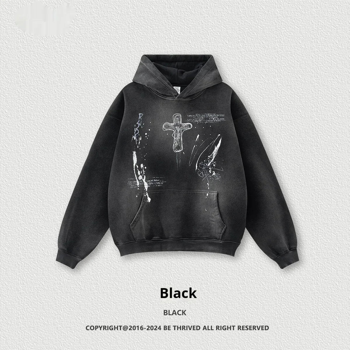 Black oversized hoodie with graphic cross and paint splatter, streetwear cotton blend