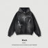 Black oversized hoodie with graphic cross and paint splatter, streetwear cotton blend