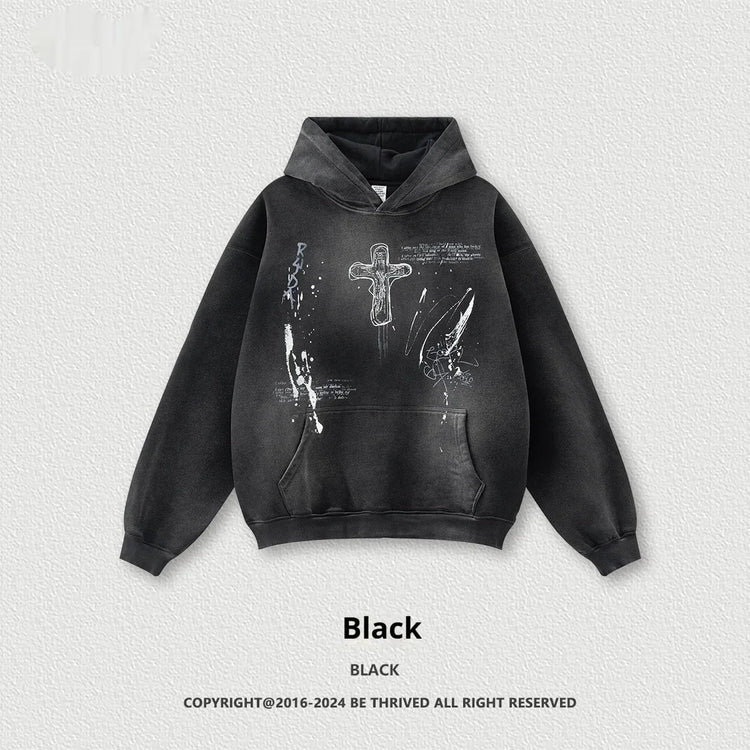 Black oversized hoodie with graphic cross and paint splatter, streetwear cotton blend