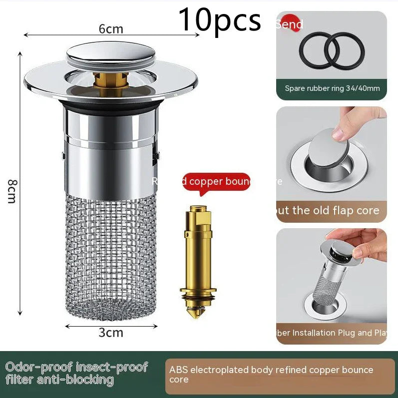 Stainless steel sink drain filter with mesh design, silver and gold parts, odor-proof, insect-proof, anti-blocking, dimensions labeled, includes spare rubber rings and refined copper core.