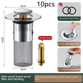 Stainless steel sink drain filter with mesh design, silver and gold parts, odor-proof, insect-proof, anti-blocking, dimensions labeled, includes spare rubber rings and refined copper core.