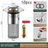 Stainless steel sink drain filter with mesh design, silver and gold parts, odor-proof, insect-proof, anti-blocking, dimensions labeled, includes spare rubber rings and refined copper core.