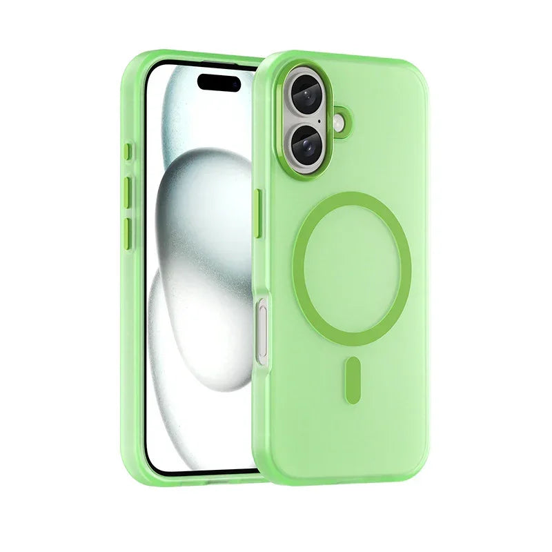 Light green matte silicone phone case with MagSafe ring, slim fit for iPhone, modern style