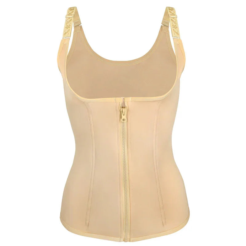 Beige shapewear tank top with adjustable straps, front zipper, slim fit, and smooth fabric