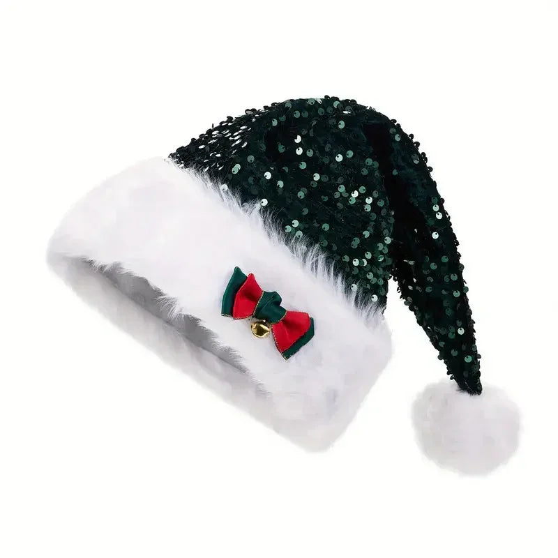 Green sequin Santa hat with white faux fur trim, fluffy pom pom, and red-green bow accent
