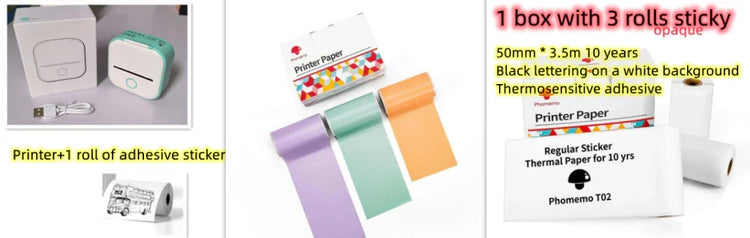 Thermal label printer with USB cable and adhesive sticker rolls in assorted pastel colors