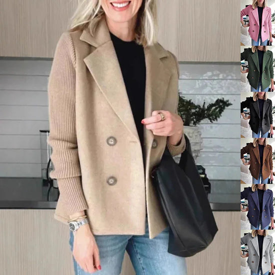 Woman wearing a beige double-breasted wool blend blazer with ribbed sleeves, relaxed fit, casual style.