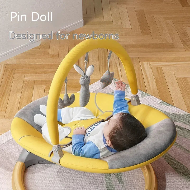 Baby in yellow and gray soft seat with attached plush toys, comfortable fit, modern style.