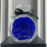 Vibrant blue preserved rose in a round clear display case with black ribbon, elegant gift decor.