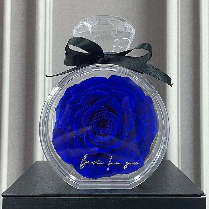 Vibrant blue preserved rose in a round clear display case with black ribbon, elegant gift decor.