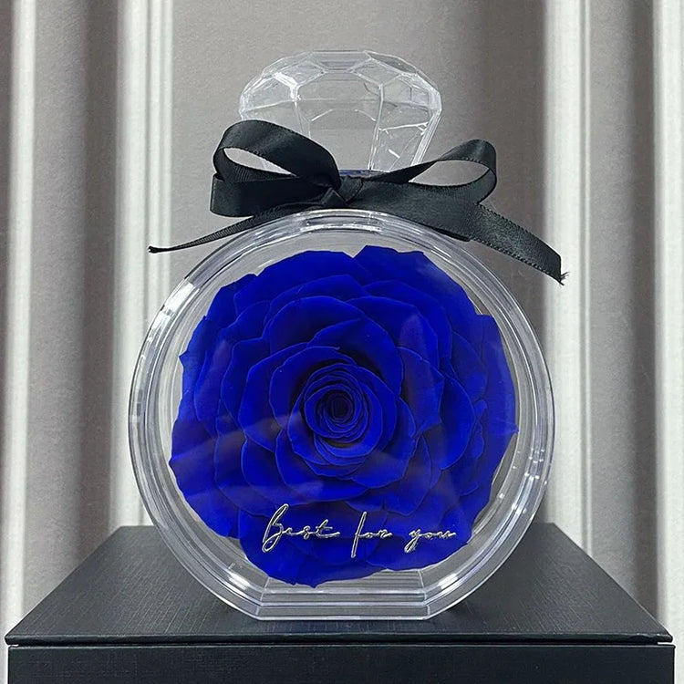Vibrant blue preserved rose in a round clear display case with black ribbon, elegant gift decor.