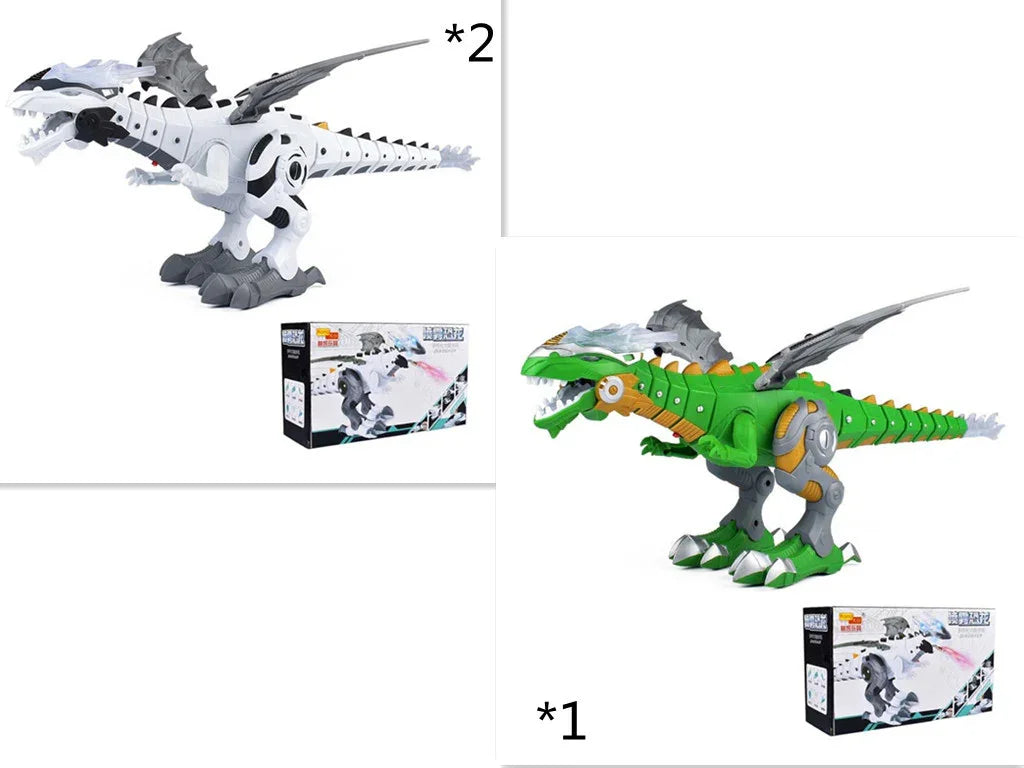 Two robotic dinosaur toys, one white and gray, one green and orange, with mechanical details and movable wings, shown with packaging boxes.