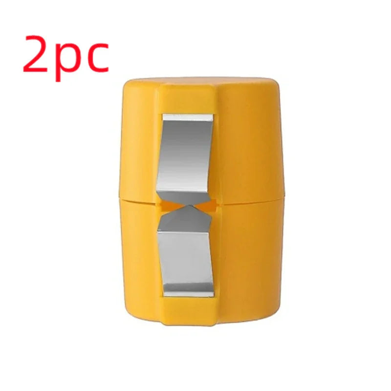 Yellow plastic and metal wire stripping tool, compact cylindrical design, 2-piece set