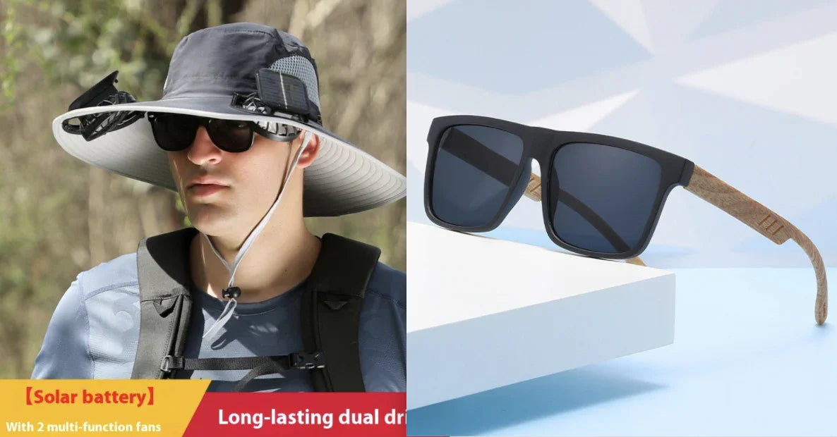 Outdoor solar-powered wide-brim hat with fans and modern black sunglasses with wooden arms