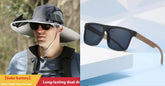 Outdoor solar-powered wide-brim hat with fans and modern black sunglasses with wooden arms