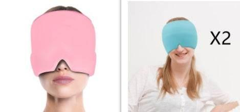 Women wearing oversized padded sleep masks in pink and blue, soft fabric, relaxed fit