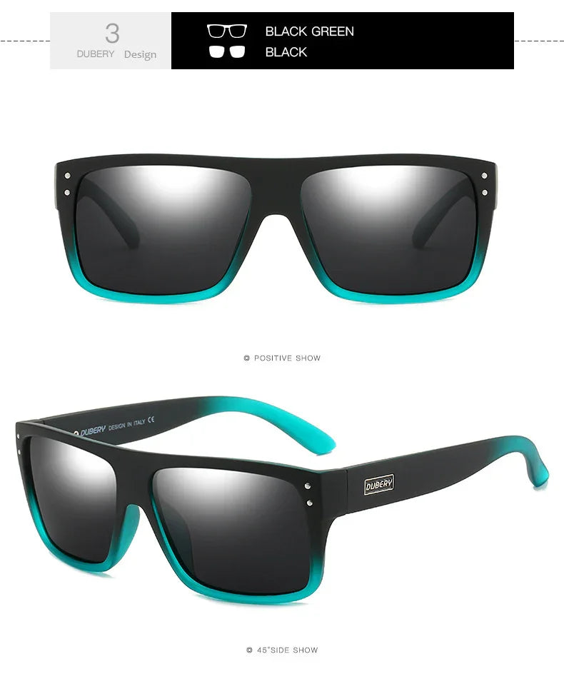 Rectangular black and green sunglasses with gradient frames and dark tinted lenses.