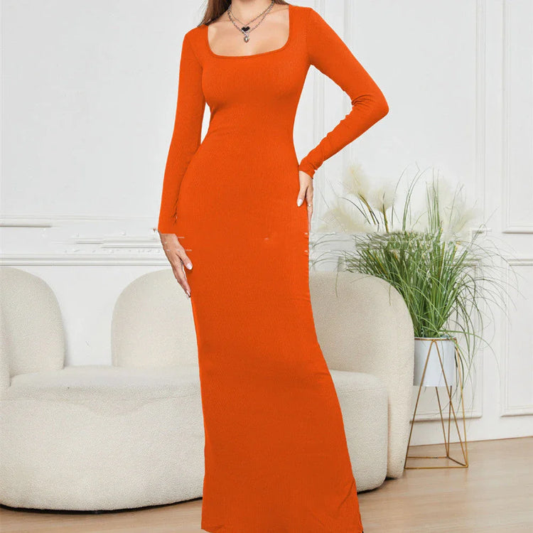 Woman wearing a fitted orange long sleeve maxi dress with square neckline, casual modern style