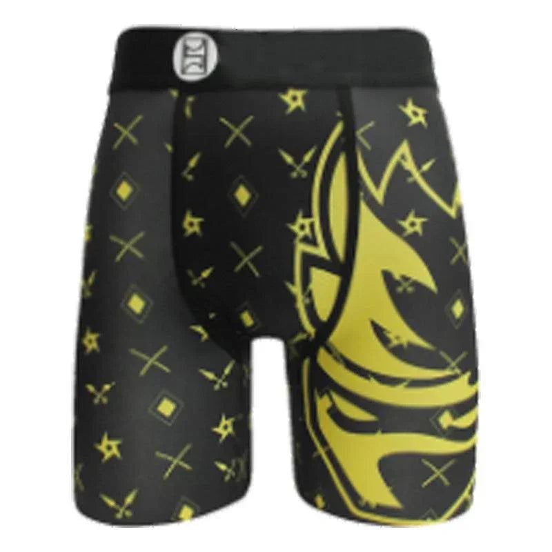 Men's fitted black boxer briefs with yellow geometric and graphic print pattern