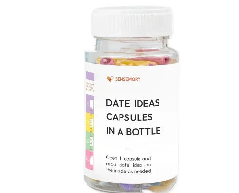 Clear bottle filled with colorful capsules labeled 'Date Ideas Capsules in a Bottle.'