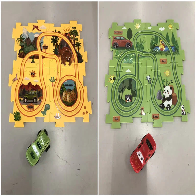 Two colorful play mats with track designs, animal illustrations, and toy cars on each mat.