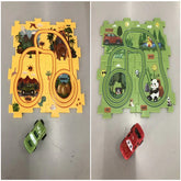 Two colorful play mats with track designs, animal illustrations, and toy cars on each mat.