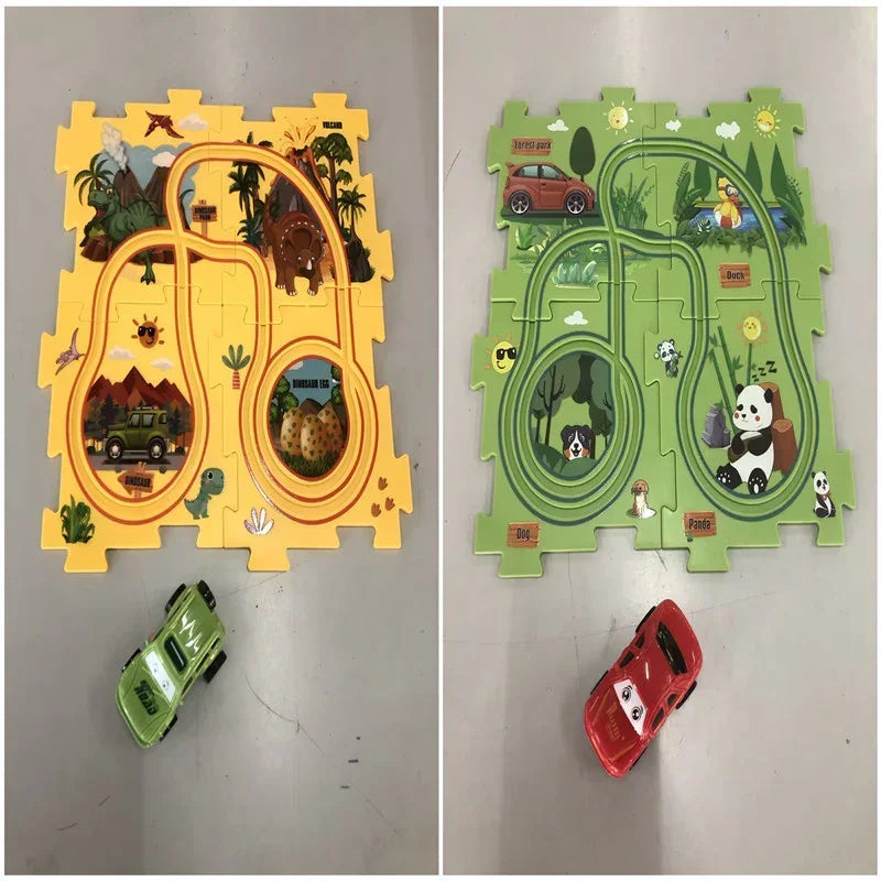 Two colorful play mats with track designs, animal illustrations, and toy cars on each mat.