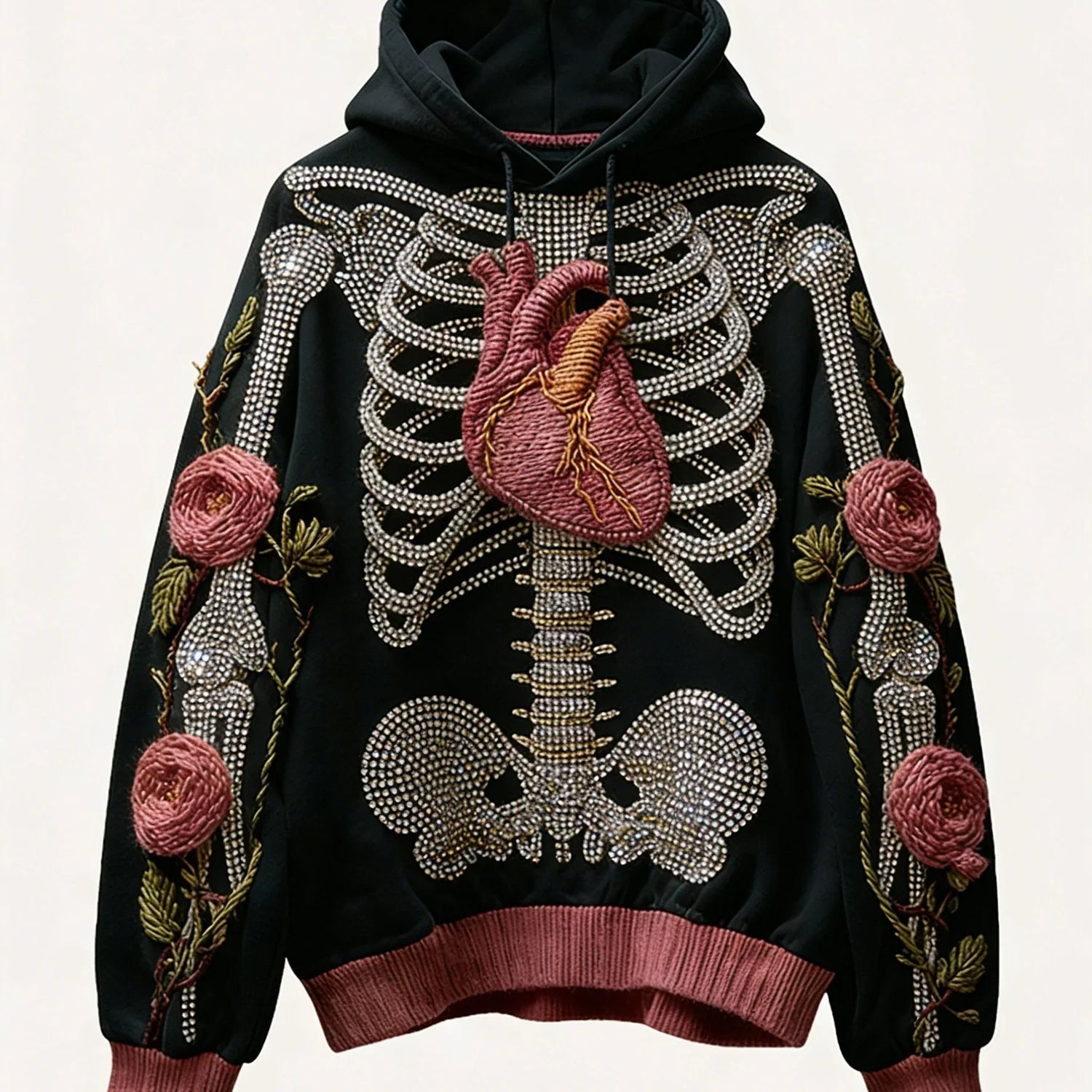 Black oversized hoodie with rhinestone skeleton print, 3D embroidered heart and floral details