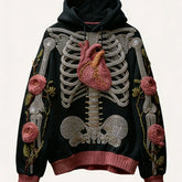 Black oversized hoodie with rhinestone skeleton print, 3D embroidered heart and floral details