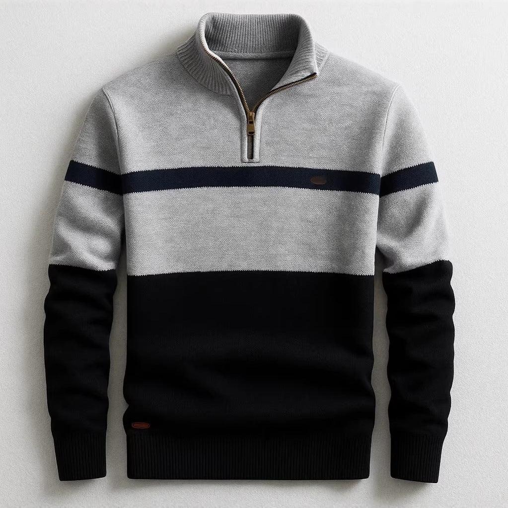 Men’s colorblock knit pullover with half-zip, featuring grey, navy, and black panels, regular fit