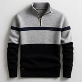 Men’s colorblock knit pullover with half-zip, featuring grey, navy, and black panels, regular fit
