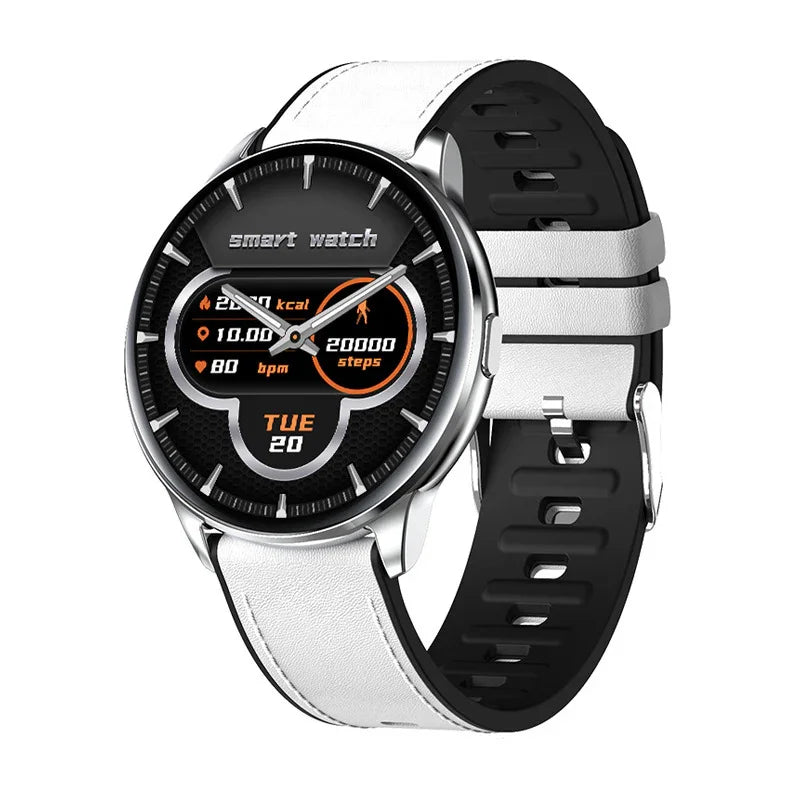 Modern round smart watch with black and white silicone band and digital fitness display