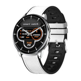 Modern round smart watch with black and white silicone band and digital fitness display